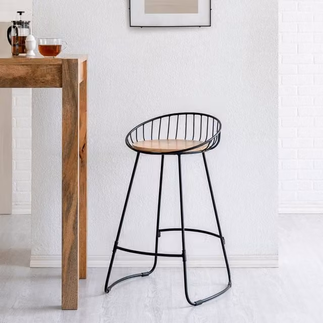 MH London Mid-Century Mango Wood and Metal Kitchen Bar Stools in Brown and Black