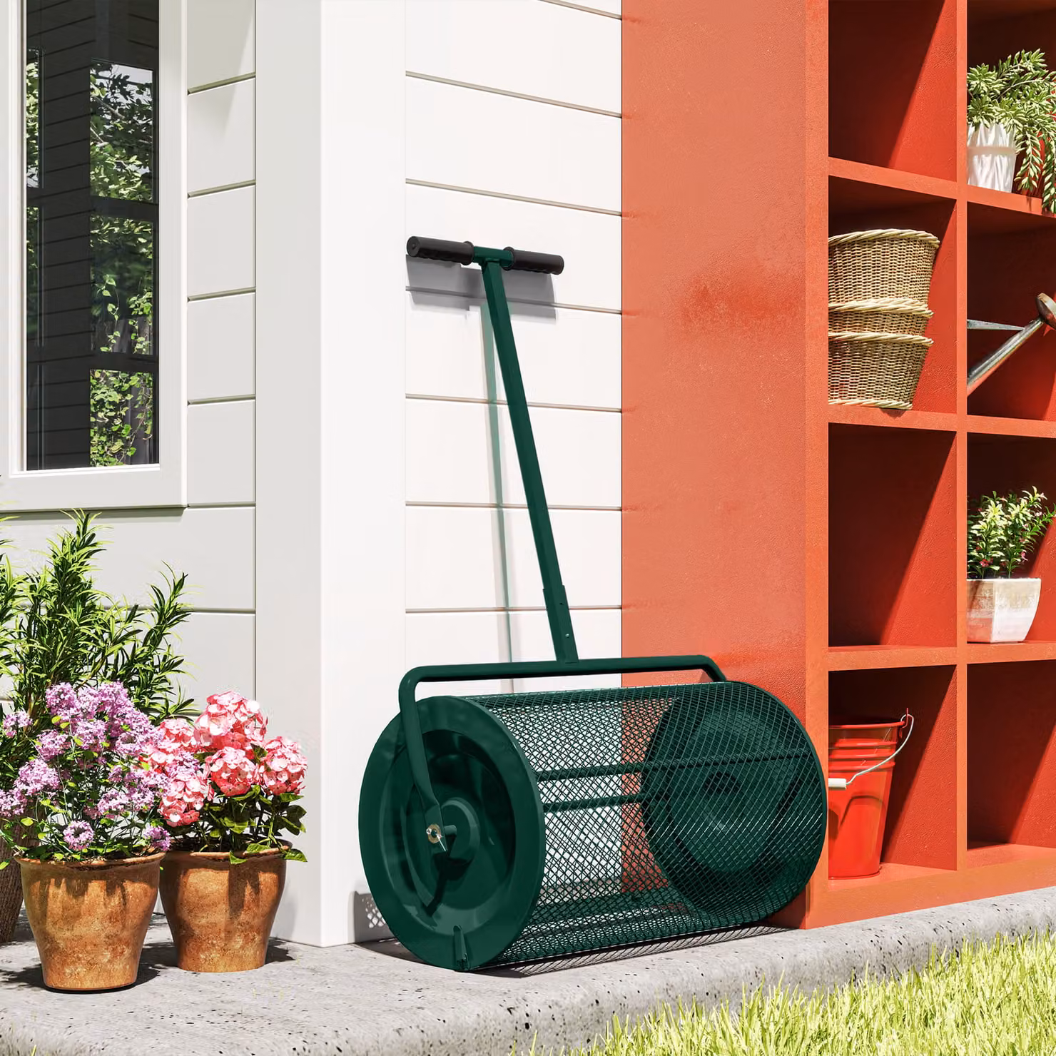 Outsunny Green Compost Spreader with Height Adjustable T-Shaped Handle and Metal Mesh Basket – 7