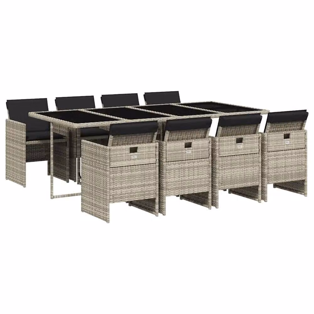 Berkfield Home 9 Piece Grey Poly Rattan Garden Dining Set with Cushions and Glass Tabletop – 2