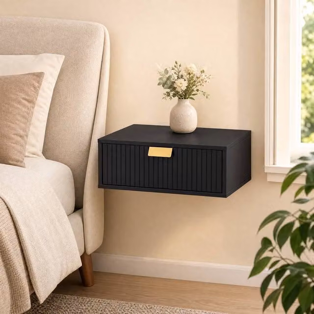 STILVORA Set of 2 Black Floating Bedside Tables with Drawer – 1