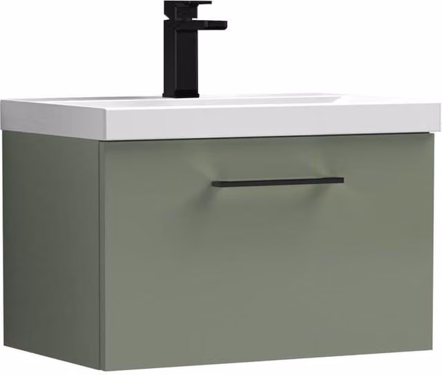 Balterley 600mm Wall Hung 1 Drawer Vanity Basin Unit in Satin Green with Black Handle – 1