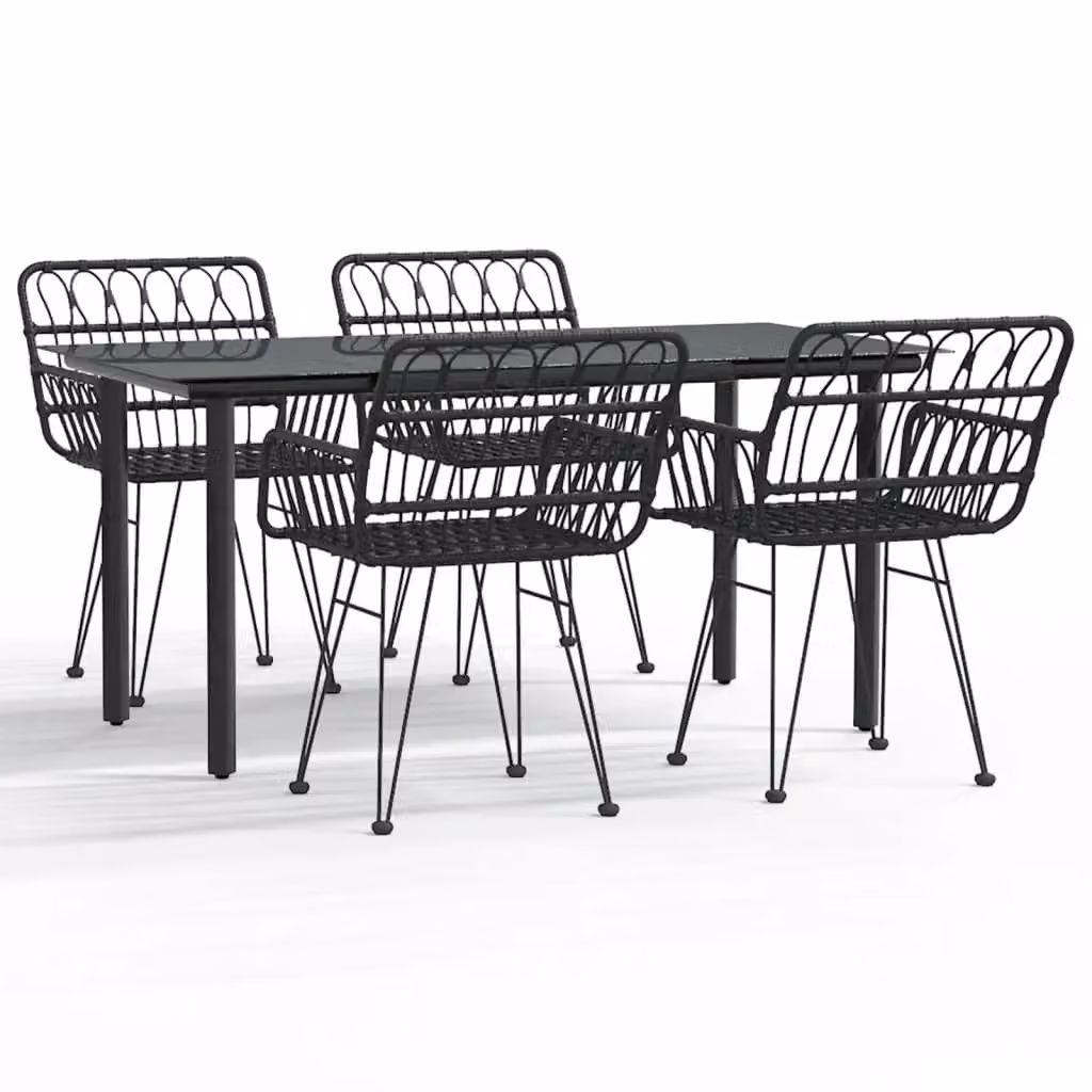 Berkfield Home 5 Piece Black Poly Rattan Garden Dining Set with Glass Top Table
