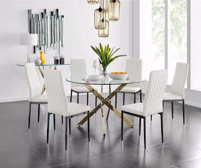 FurnitureboxUK Novara Gold Round Glass Dining Table with Six Milan Black Leg Faux Leather Chairs, White, Diameter: 120 cm