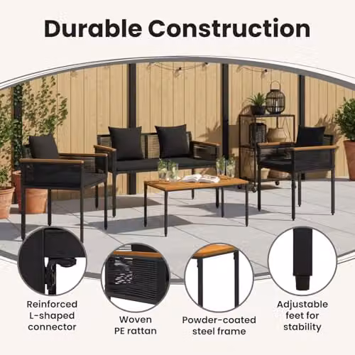 vidaXL 4-Piece Modern Outdoor Furniture Set in Black Rattan with Upholstered Cushions – 5