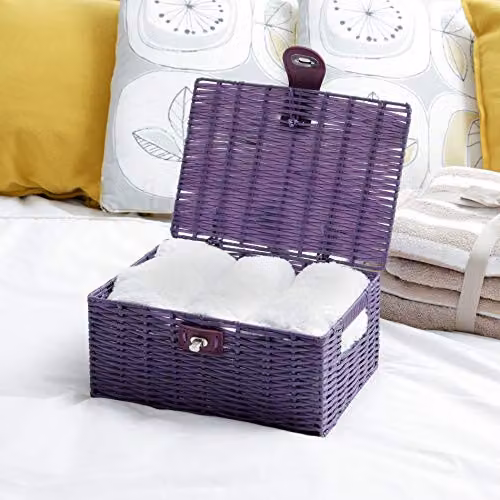 Arpan Small Resin Woven Storage Basket Box with Lid and Lock in Purple and Black – 2