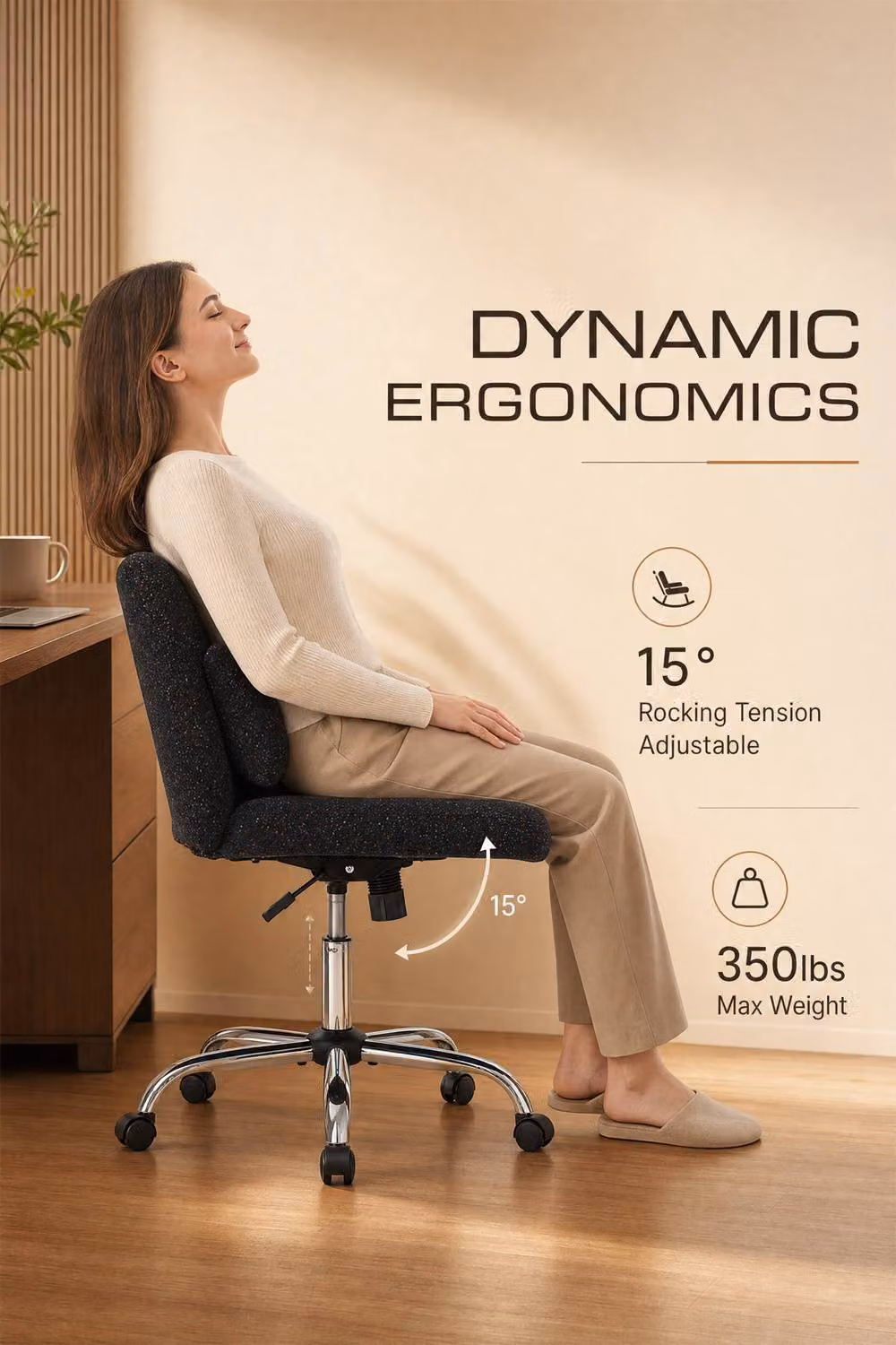 Living and Home Chenille Cross Legged Office Chair with Wide Seat and Lumbar Pillow in Black – 3