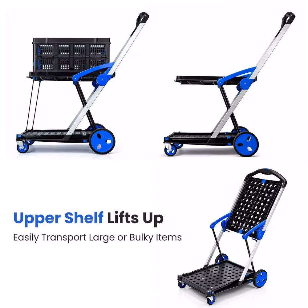SPETLEK Folding Shopping Trolley Cart with Collapsible 2-Tier Platform, Blue, W: 40 cm, D: 40 cm, H: 108 cm – 2