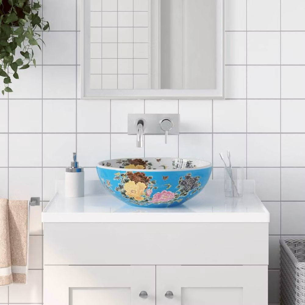 Berkfield Home Multicolour Blue Round Ceramic Countertop Basin, Diameter: 41 cm, Height: 14 cm – 2