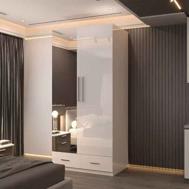 Sliding Wardrobes 4 u Modern Glossy White Hinged Door Wardrobe with Mirror, Width: 90 cm
