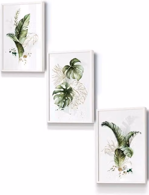ARTZE Botanical Leaves Framed Wall Art, Green and Gold Floral Illustration in White, W: 33 cm, H: 45 cm, D: 0.2 cm