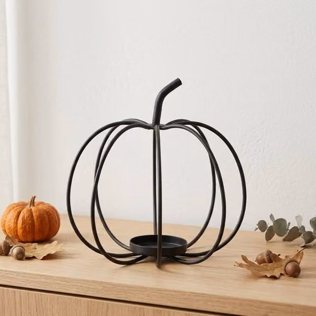 Garden Greatness Pumpkin Tealight Candle Holder Display in Black and Multicolour Metal