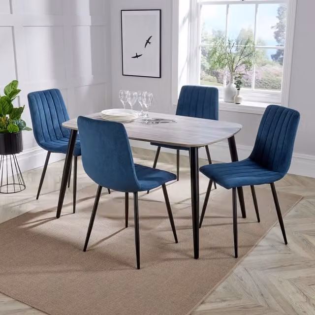 Core Products Ltd Aspen Rectangular Dining Set with Grey Oak Effect Table and 4 Blue Fabric Chairs
