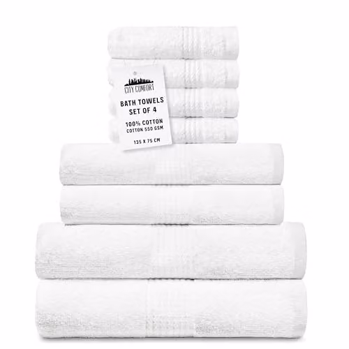 CityComfort 8 Piece Cotton Towel Set in White, 550GSM Highly Absorbent and Quick Drying