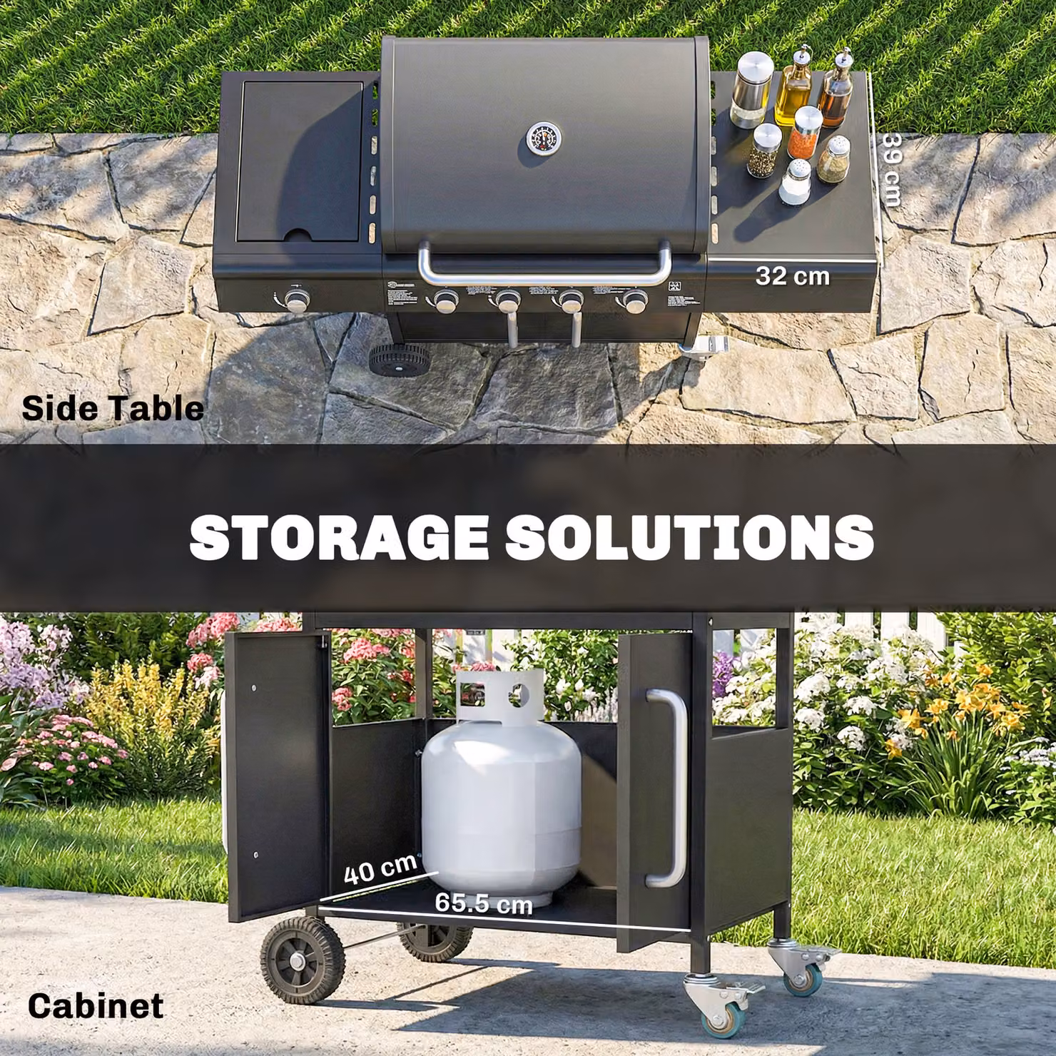 Outsunny 4+1 Burner Gas BBQ Grill with Storage Cabinet and Side Table, 15.2 kW Black Barbecue Trolley with Warming Rack, Side Burner and Wheels, W/D/H: 129.5 x 66.2 x 110 cm – 6