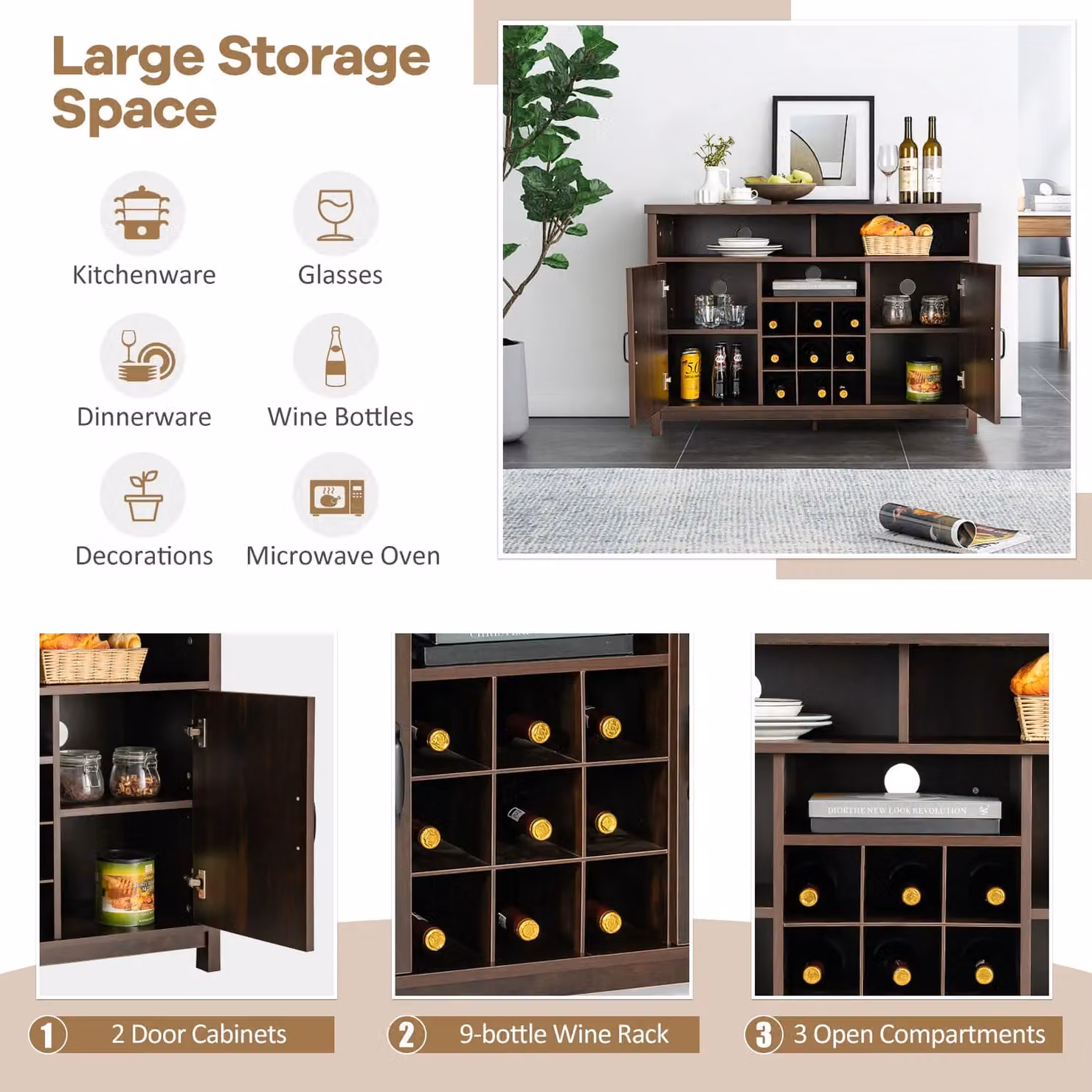 Costway Farmhouse Buffet Storage Cabinet with 9-Bottle Wine Rack, Brown – 4