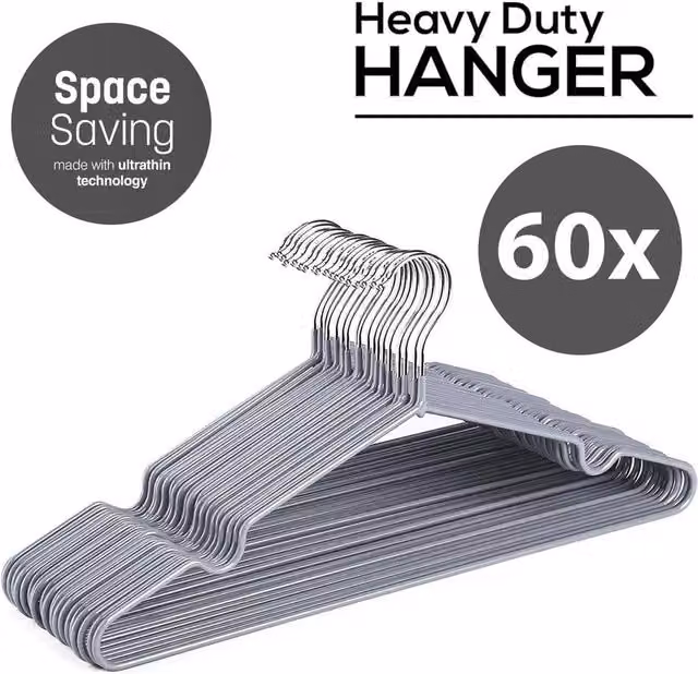 ATEK Grey Metal Heavy Duty Non-Slip Rubber Coated Clothes Hangers, 60 Pack – 1