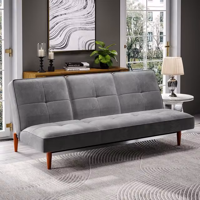 Livingandhome 3-Seater Mid-Century Faux Velvet Click-Clack Sofa Bed in Grey