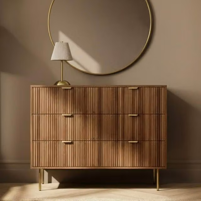 OHS Ribbed 6 Drawer Cabinet Chest of Drawers Sideboard in Walnut Brown