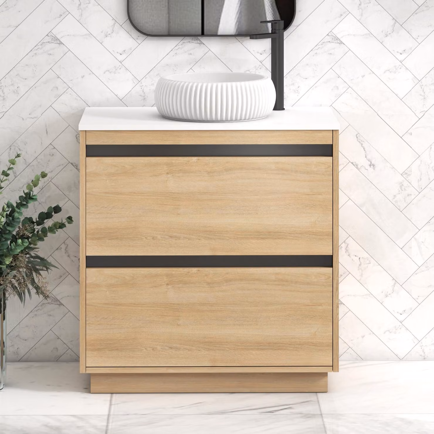 Royal Bathrooms Orion 800mm Natural Oak Floor Standing 2 Drawer Vanity Unit with Milan Basin and Black Accent Trim in White
