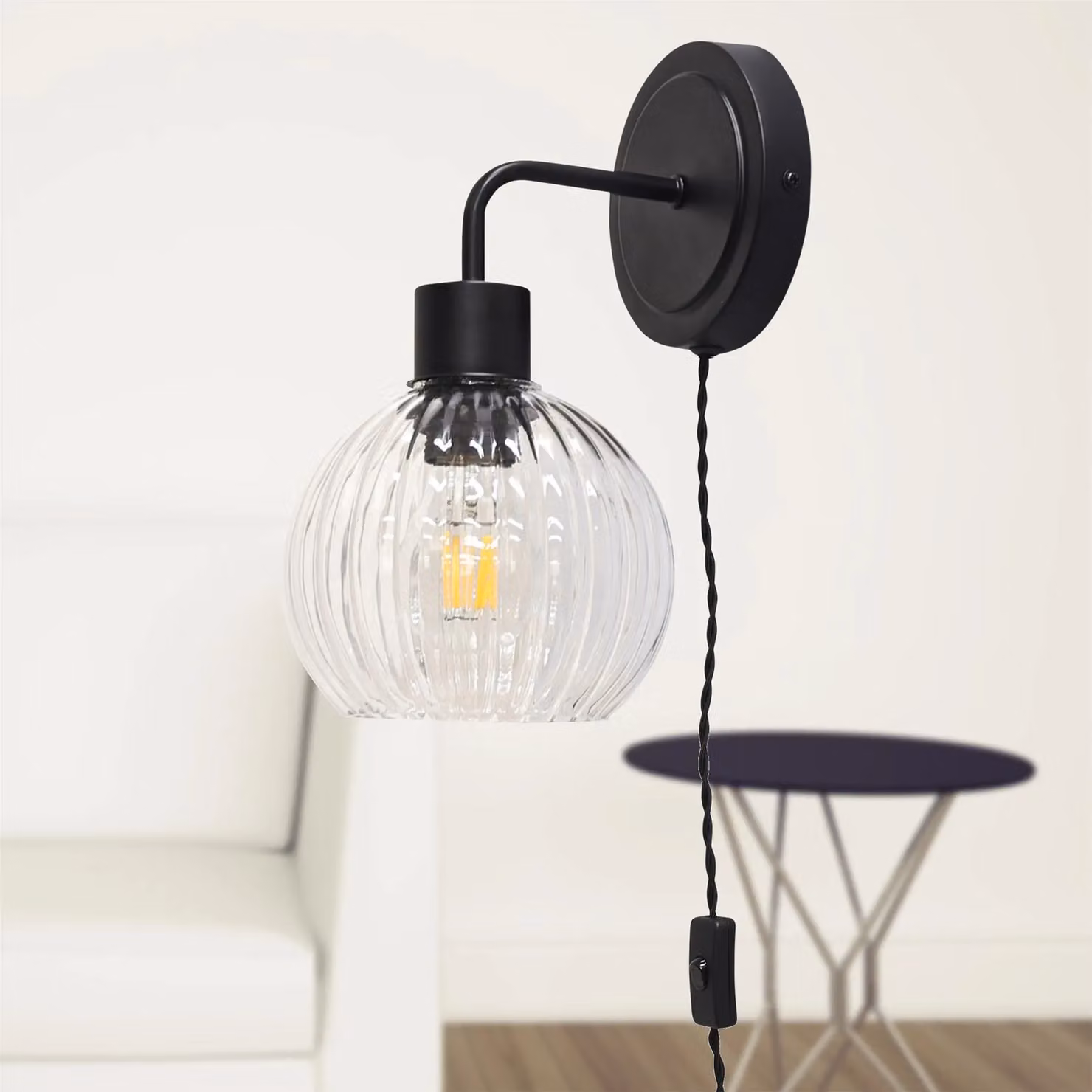 First Choice Lighting Toby Set of 2 Black Plug-in Wall Lights with Transparent Glass Ribbed Shades – 3