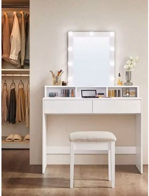VASAGLE Modern Dressing Table with LED Lights in White