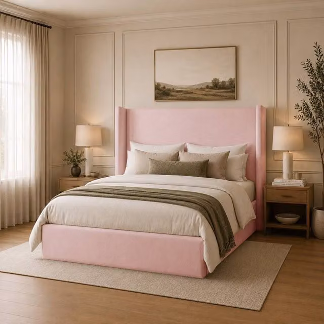 Desire Deco Lynx Wingback Upholstered Bed Frame in Pink, W/D/H: 90 x 190 cm