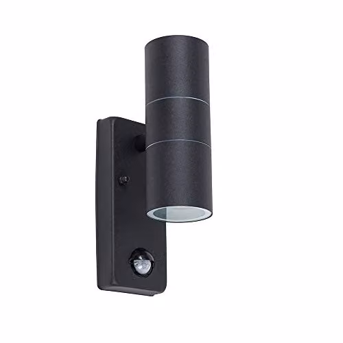 MiniSun Modern Matt Black Up/Down Security Wall Light with PIR Motion Sensor, Includes 2 x 5W GU10 Cool White LED Bulbs, IP44 Rated