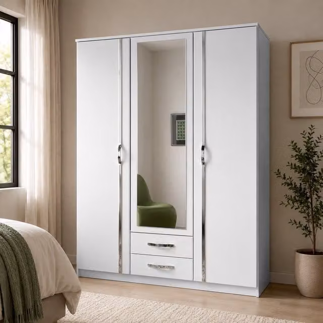 KDMD Duo 3 Door White Modern Wardrobe with Mirrors and 2 Integrated Drawers