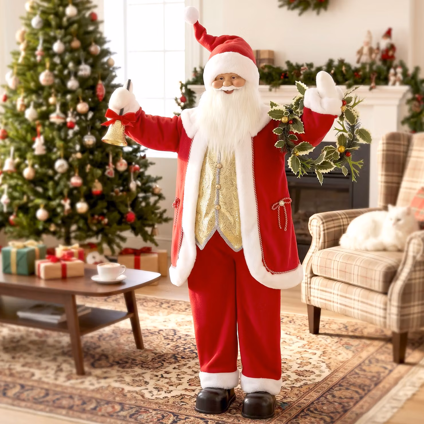 HOMCOM 5ft Life Size Singing Santa Claus Animated Christmas Figure in Red and Gold with Bell and Wreath, Height: 152.4 cm – 2