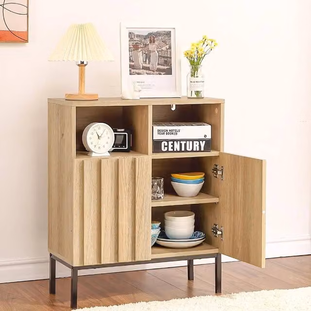 VOGREX Scandinavian Style Sideboard Buffet Cabinet in Brown Wood and Metal, Width: 100 cm