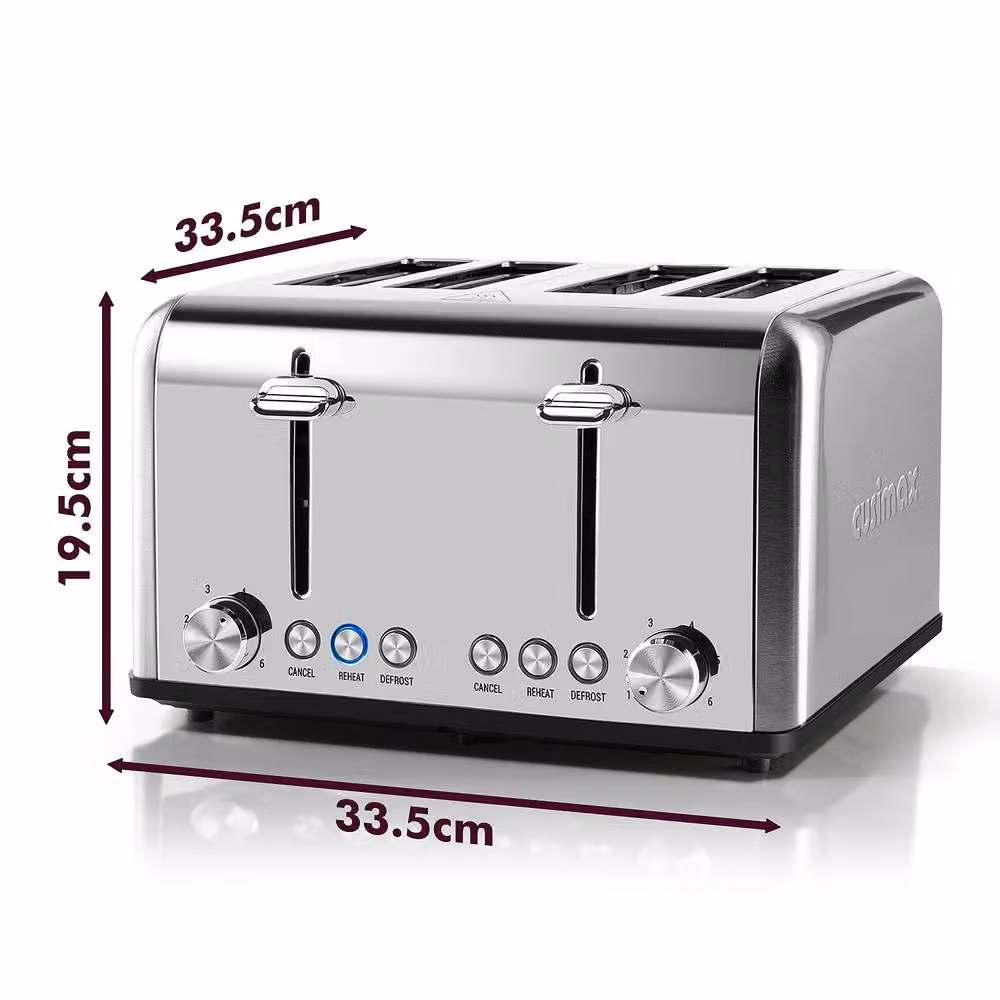 Cusimax Silver Stainless Steel 4-Slice Toaster with Extra-Wide Slots, 1650W – 3
