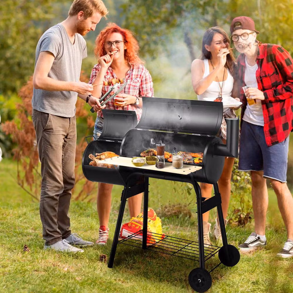 Costway Black Steel Charcoal BBQ Grill and Offset Smoker with Thermometer and Wheels, W/D/H: 105 x 62 x 62 cm – 5