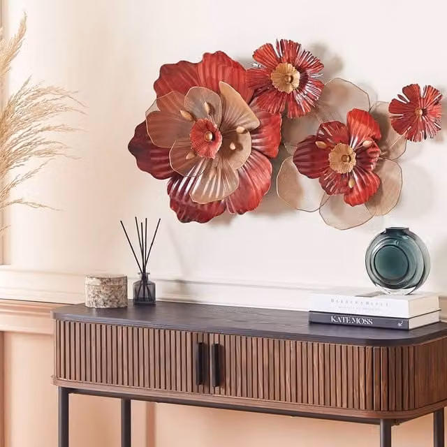Wyld and Coco Red and Gold Geometric Metal Floral Wall Art Sculpture – 1