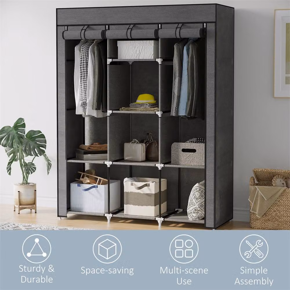 Kelvenix Grey Fabric Portable Wardrobe with Roll Shutter and Internal Shelves – 5