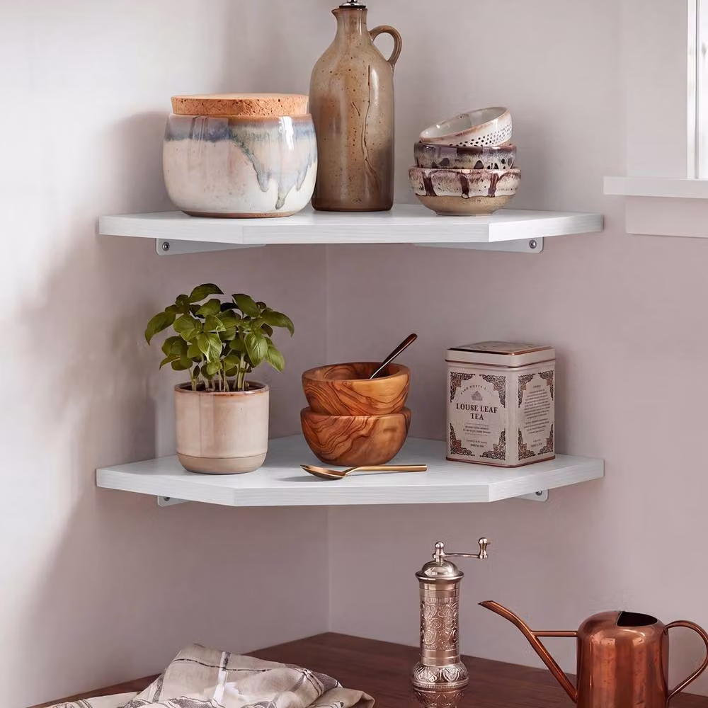 Levede 2 Pack White Wooden Floating Corner Shelves with Cable Cut Out – 2