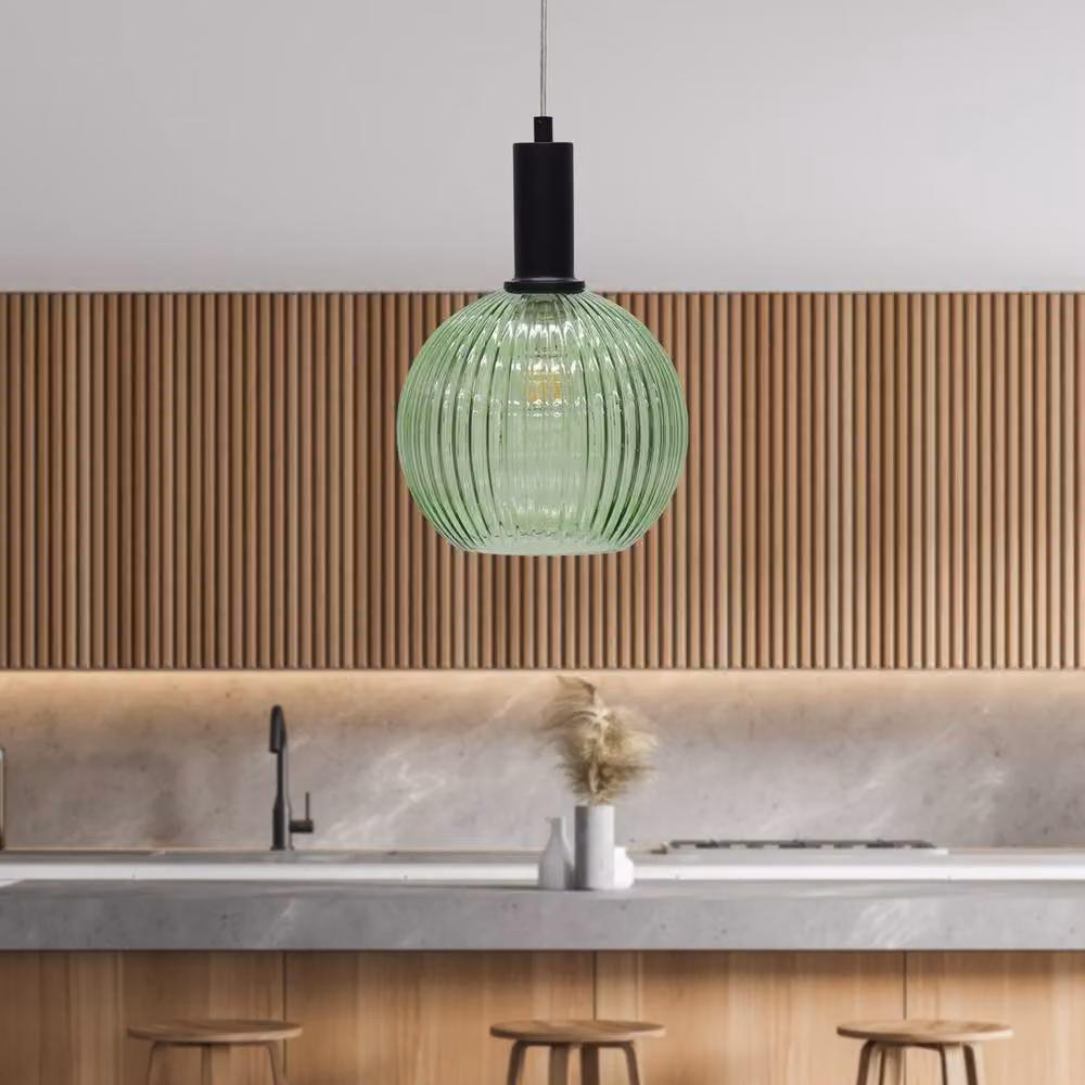 First Choice Lighting Betchley Green Ribbed Glass Globe Black Art Deco Pendant Fitting – 2