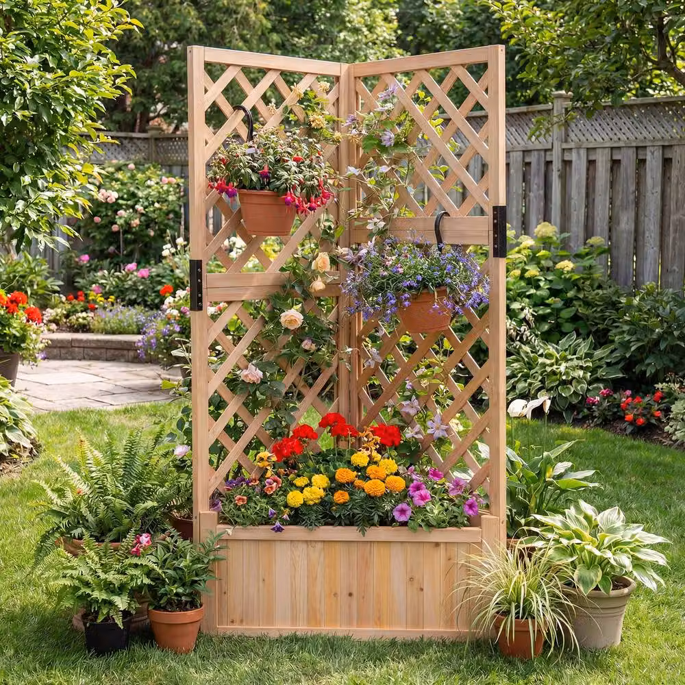 Costway Raised Wooden Garden Bed with Lattice Trellises in Brown, W: 140 cm, D: 100 cm, H: 63 cm – 2