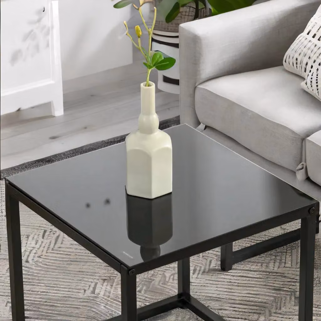 Rafaelo Mobilia Set of 2 Modern Square Nesting Tables in Black with Glass Tops – 3