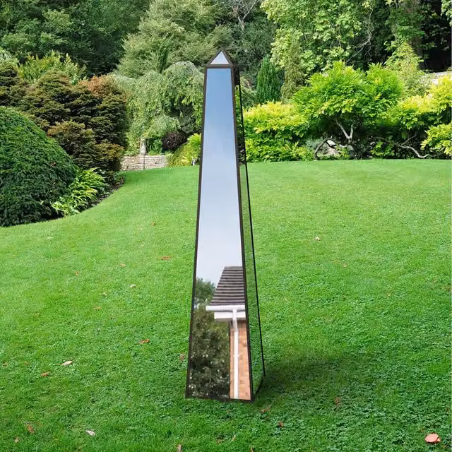 MirrorOutlet Modern Black Metal Edged Mirrored Garden Obelisk Ornament, Height: 150 cm