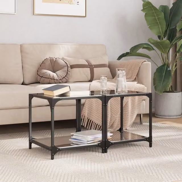 Berkfield Home Set of 2 Modern Square Coffee Tables with Black Glossy Glass Tops and Steel Legs, W/D/H: 40 x 40 x 40 cm