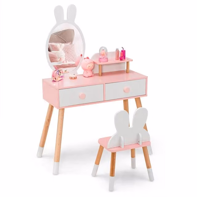 Costway 2-in-1 Kids Princess Dressing Table and Chair Set in White and Pink