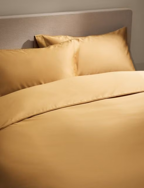 M&S Pure Cotton Mako Satin 400 Thread Count Bedding Set, Honey Yellow/Brown, W: 90 cm x L: 190 cm