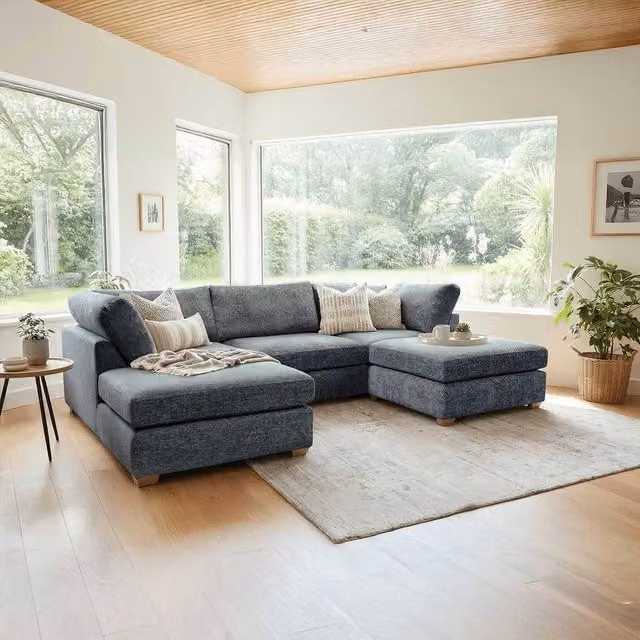 Furnishings For Less UK Kenzo U-Shaped 4-5 Seater Chenille Fabric Sofa in Navy Blue
