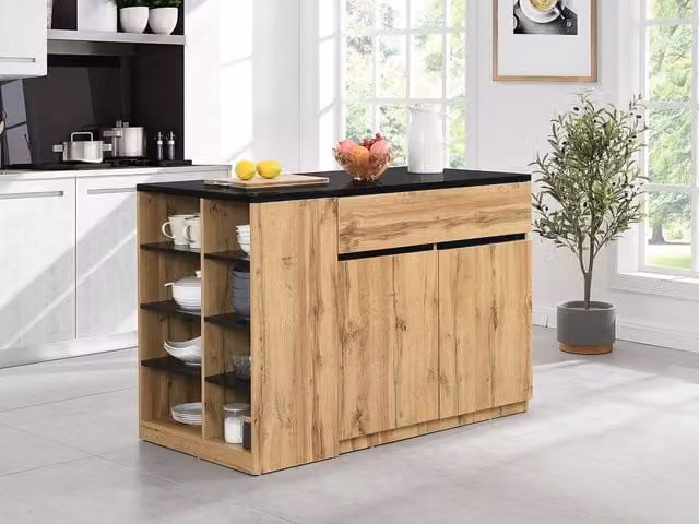 Vente-unique MEILI Kitchen Island with Storage in Black and Natural, W/D/H: 130 x 65 x 90 cm