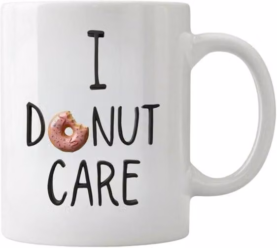 Dyzi White Ceramic Coffee Mug with Donut Care Food Pun Quote
