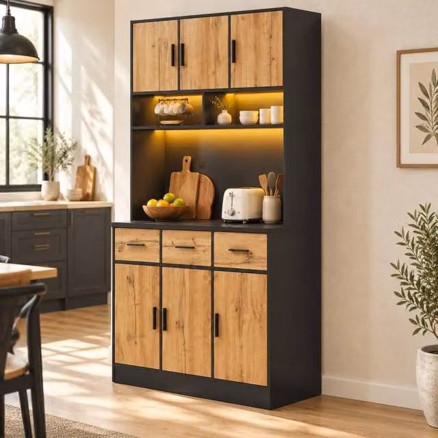 STILVORA Modern Kitchen Cabinet in Natural, featuring 3 Drawers, Integrated LED Lighting and USB, Width: 180 cm – 1