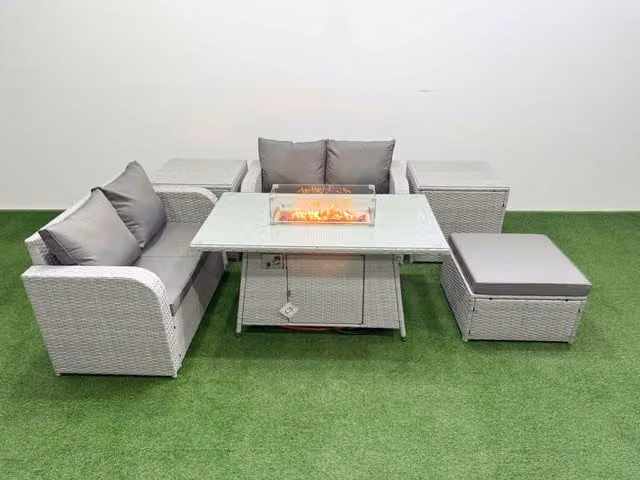 Fimous 5 Seater Rattan Garden Furniture Set with Firepit Dining Table, Large Footstool and 2 Side Tables in Light Grey
