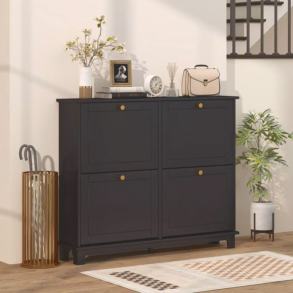 ERGOVEXA Slim Shoe Storage Cabinet with 4 Tilting Compartments and Adjustable Shelves in Black and Gold – 3