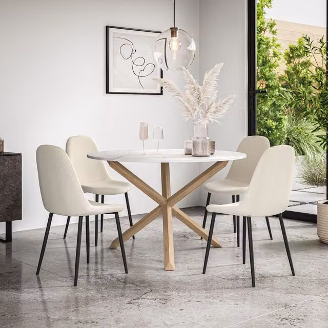 More4Homes Malvern Round Dining Table and 4 Maya Boucle Chairs Set, Marble Top with Solid Oak Legs, Ivory