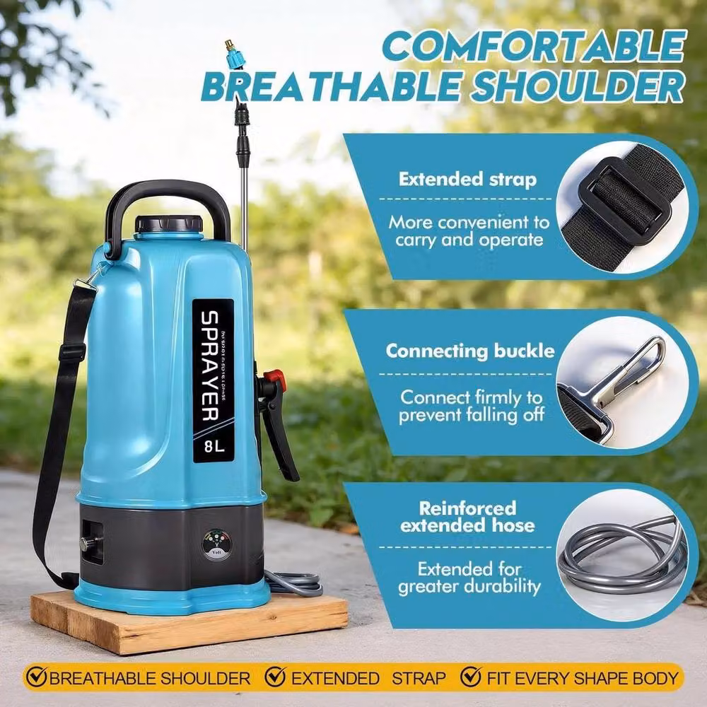 KORVIXA 8L Electric Garden Sprayer with Rechargeable Battery and 5 Mist Nozzles, Blue and Multicolour – 4